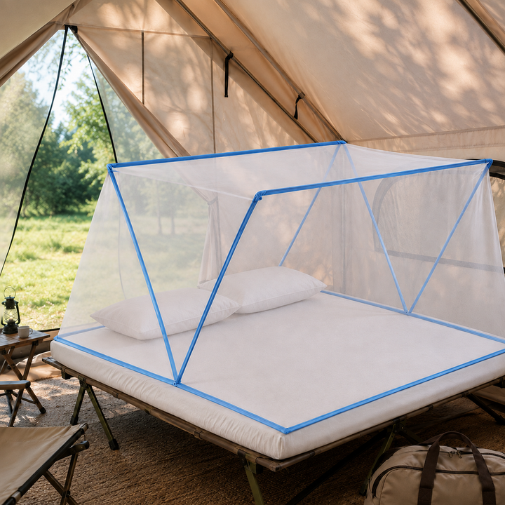 Tente dôme anti-moustiques MosquiDome, pliable et facile à transporter, pour une protection efficace en intérieur ou extérieur.