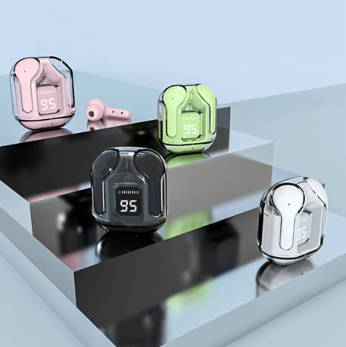 Écouteurs sans fil au design scintillant, offrant son cristallin et basses puissantes pour votre musique.