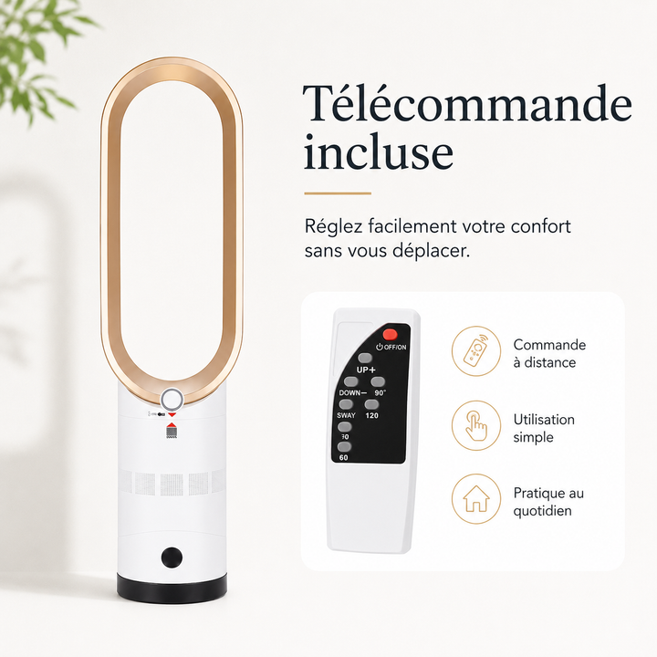 Ventilateur colonne silencieux avec ionisateur et télécommande. Assure climatisation et purification d'air.