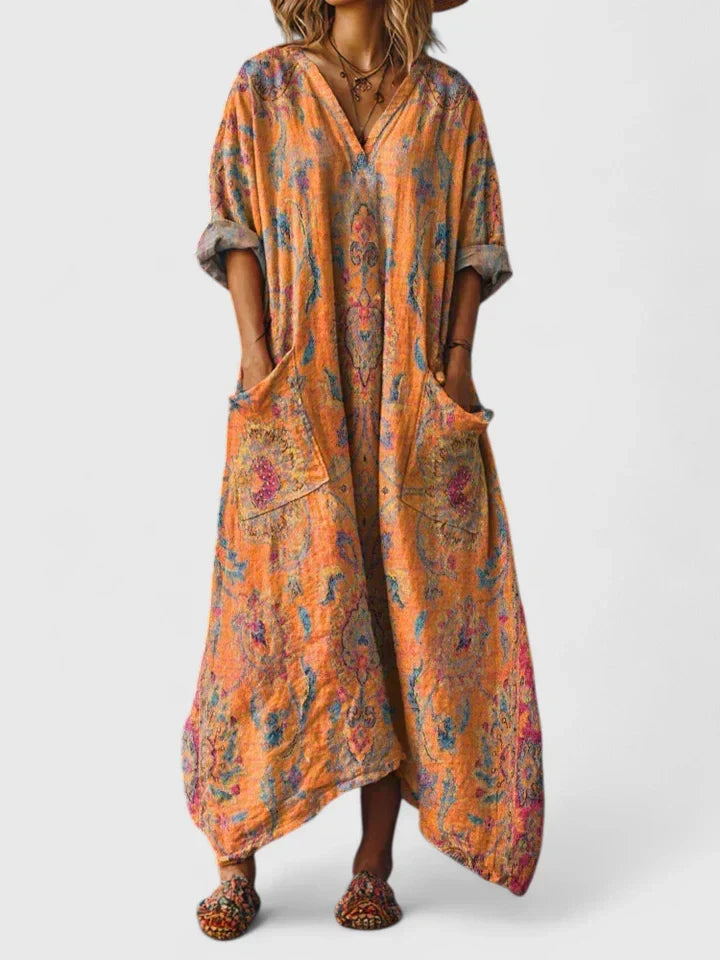 Maxi robe femme élégante et décontractée, parfaite pour le printemps. Vêtement fluide et confortable.