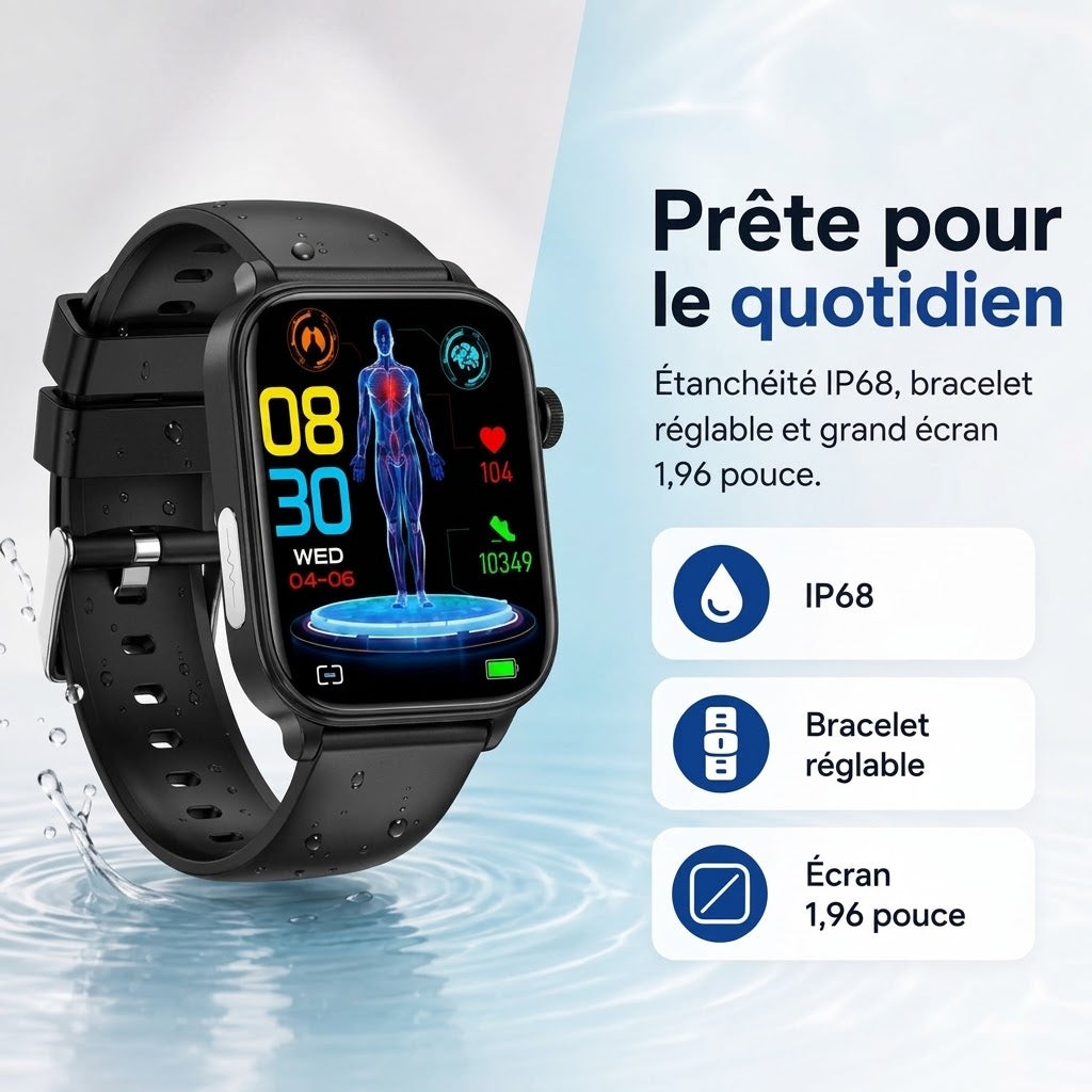 Montre connectée élégante avec bracelet silicone confortable. Étanchéité, notifications Bluetooth. Technologie au poignet.