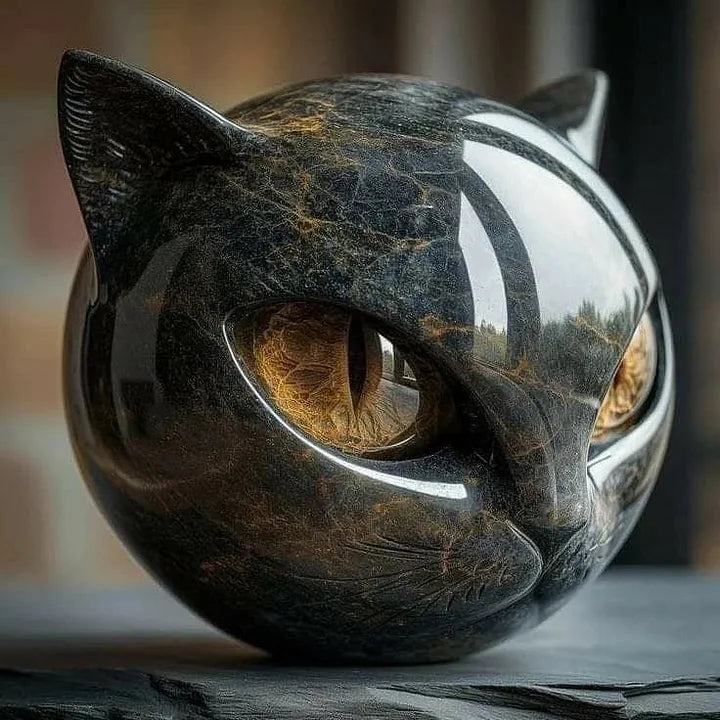 Art félin contemporain : sculpture tête de chat brillante, noire. Idéale pour décoration de bureau.