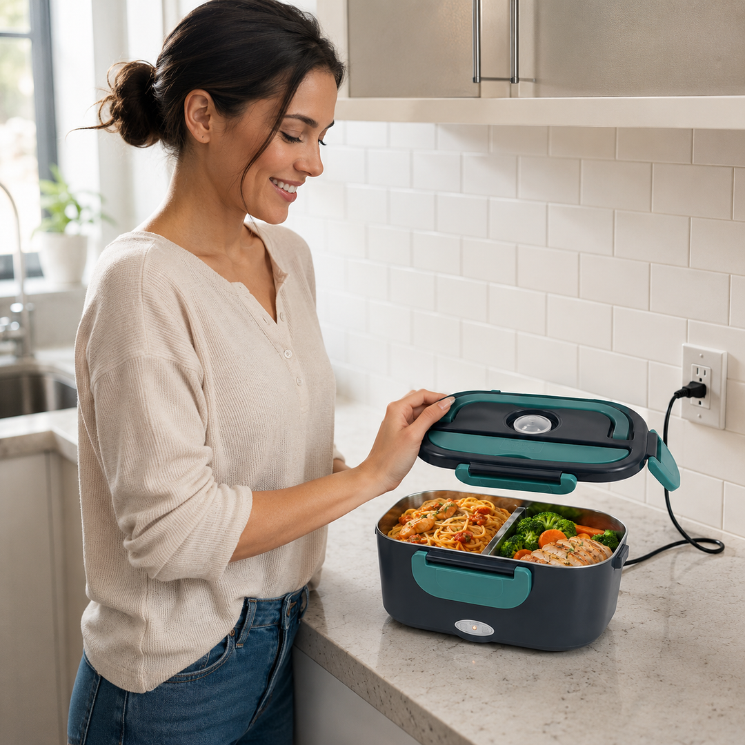 Boîte à lunch électrique HotBox. Chauffe vos repas au bureau ou en voiture. Conteneur portable en acier inoxydable.