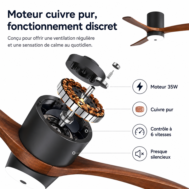 Confort optimal avec ce ventilateur plafond réversible bois et éclairage LED intégré.