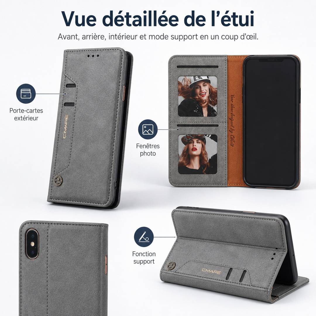 Étui élégant pour iPhone en cuir PU, avec support, porte-cartes et fermeture magnétique.