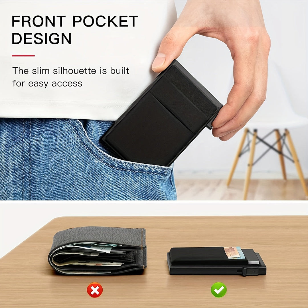 Porte-cartes RFID pour hommes, blocage et éjection automatique. Compatible toutes cartes bancaires et identité.