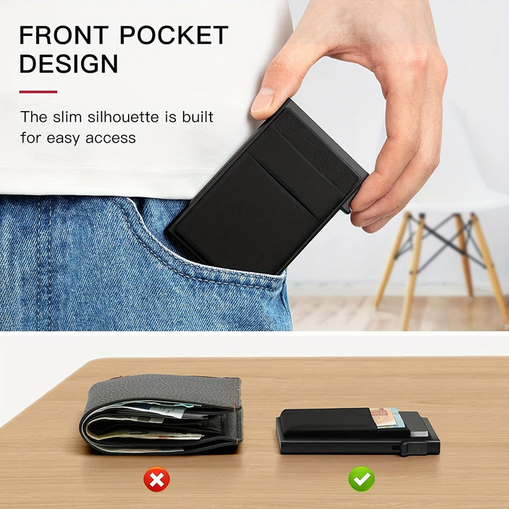 Porte-cartes RFID pour hommes, blocage et éjection automatique. Compatible toutes cartes bancaires et identité.