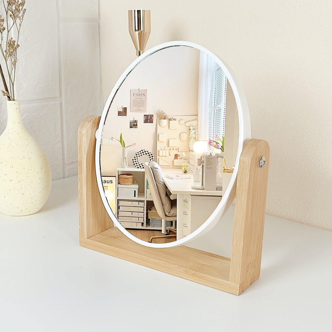 Miroir de coiffeuse design en bambou, pivotant, pour maquillage précis et décoration chic.