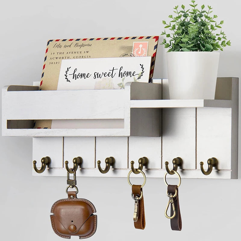 Porte-clés mural en bois avec étagère, 6 crochets, pour organiser clés et courrier dans l'entrée. (119)