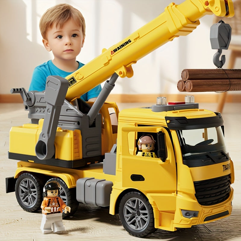 Camion grue enfant robuste avec sons et lumières, jeu de construction pour garçons et filles.