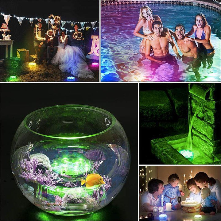 Vue rapprochée de l'éclairage LED submersible étanche, avec télécommande, pour une décoration aquatique lumineuse.