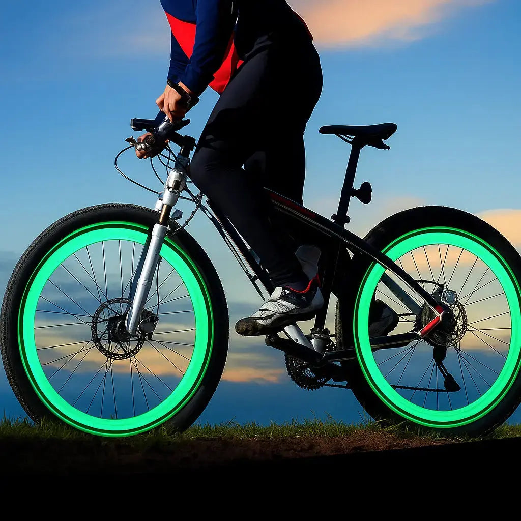 Éclairage LED valve vélo pour sécurité nocturne, lumière roue en mouvement.