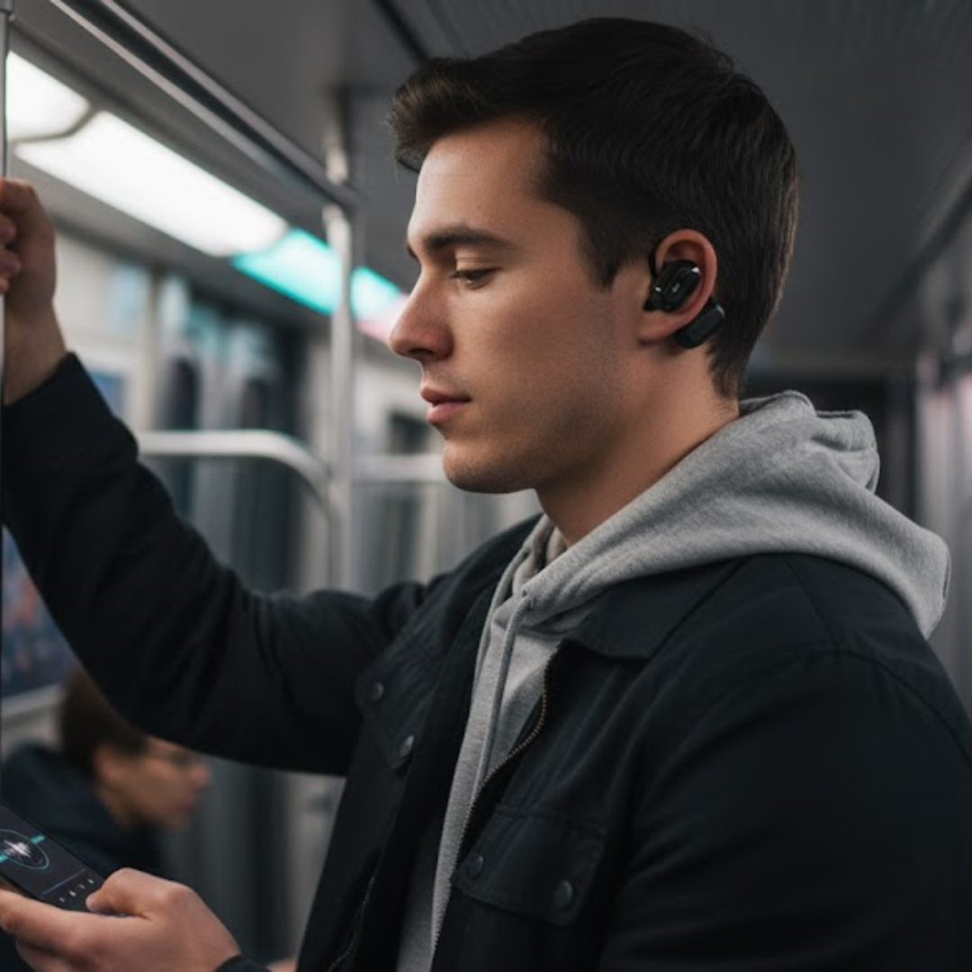 Écouteurs traducteurs sans fil élégants, confortables, pour communication IA fluide en voyage.