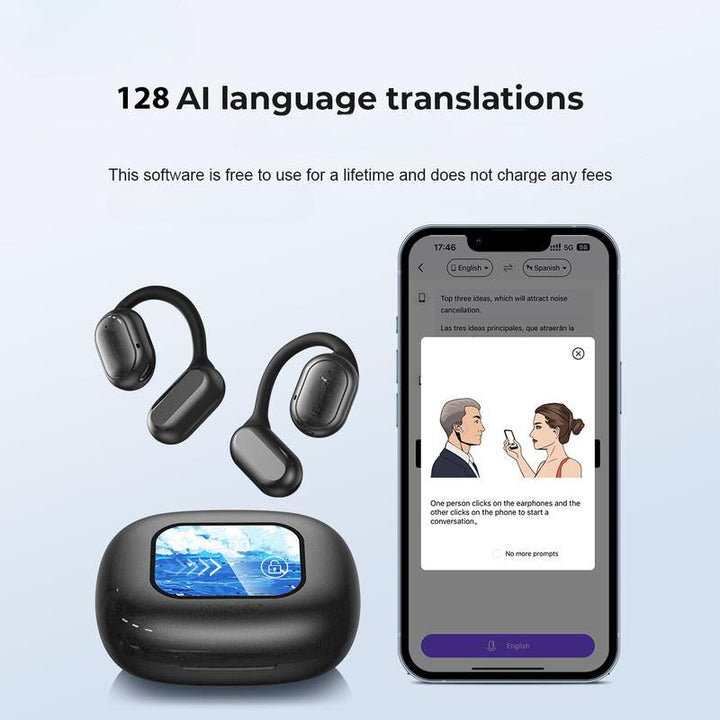 Écouteurs IA traducteurs pour réunions internationales, communication instantanée et multilingue.