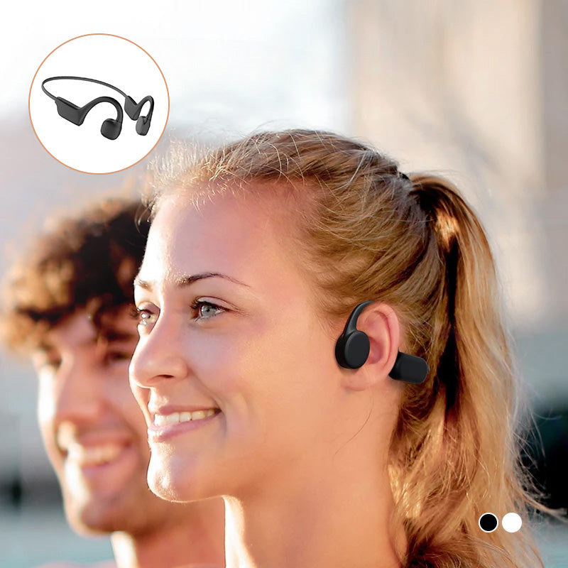 Écouteurs étanches IPX5 à conduction osseuse, sans fil. Robustes et légers, parfaits pour le sport et l'activité intense.