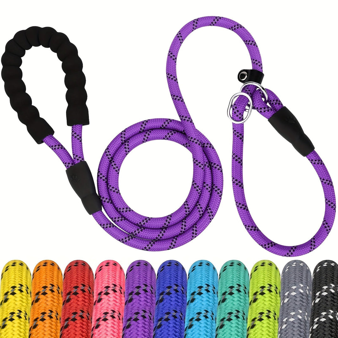 Laisse réfléchissante pour chien avec poignée rembourrée en nylon résistant, idéale sécurité et confort.