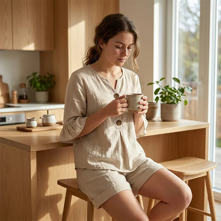 Élégance estivale : ensemble short femme, blouse col V à volants, tenue de vacances décontractée.