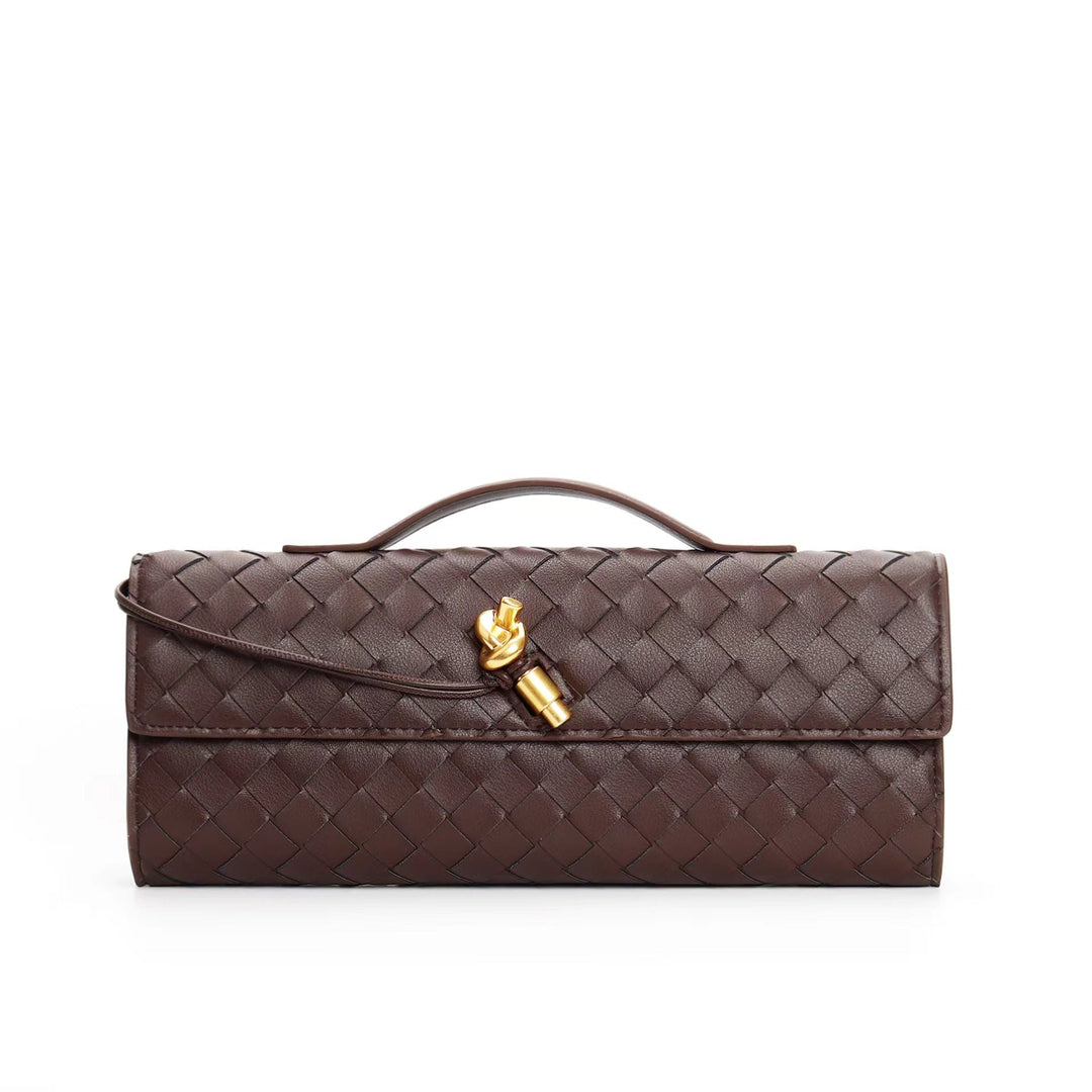 Luxueux sac à main tressé en cuir pour femme, fermoir doré.