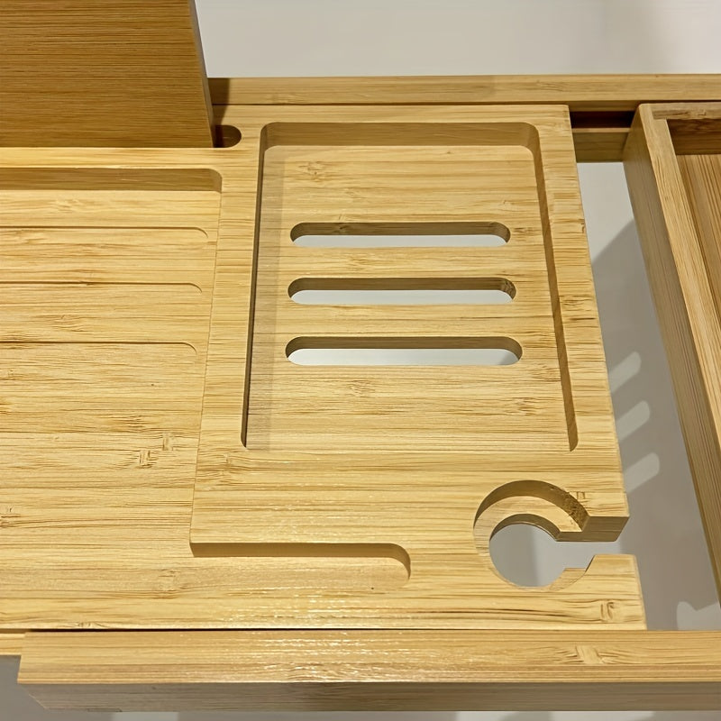 Profitez d'un bain relaxant avec ce plateau en bambou, support pour livre, verre et savon.