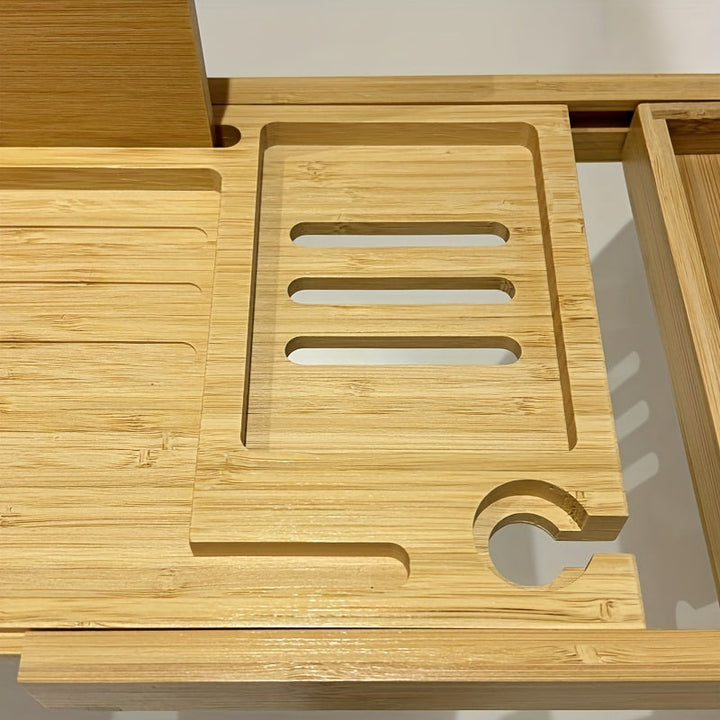 Profitez d'un bain relaxant avec ce plateau en bambou, support pour livre, verre et savon.