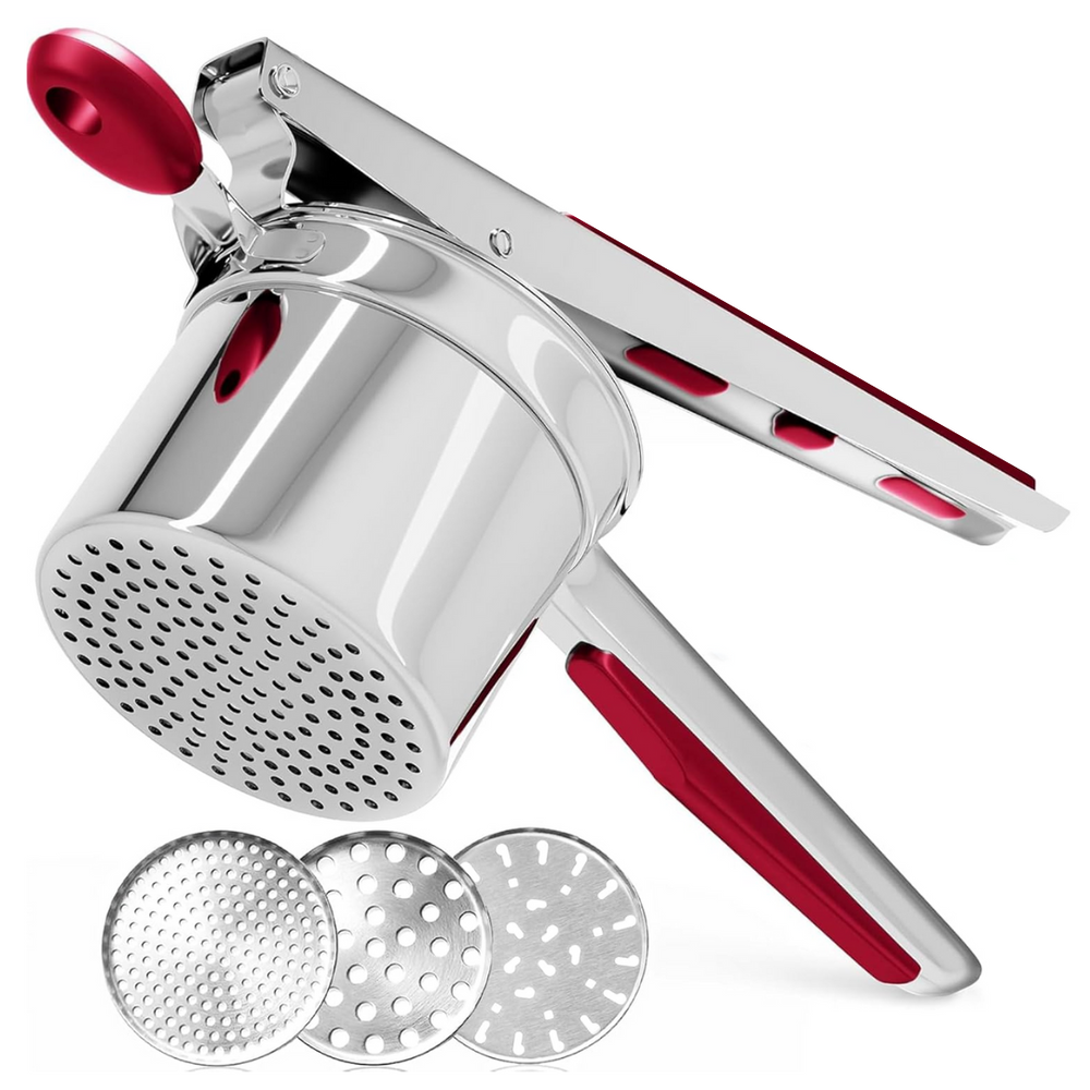 Ustensile de cuisine robuste : presse-purée inox pour préparer des purées de légumes et fruits.