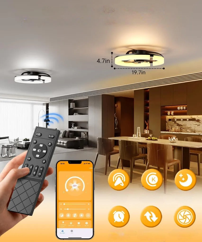 Ventilateur de plafond LED intelligent et moderne, design épuré et fonction silencieuse pour un confort optimal.