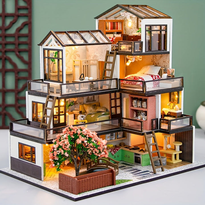 Modèle de villa miniature 3D détaillé, avec intérieur complexe et lumières LED. Kit de construction artisanale.