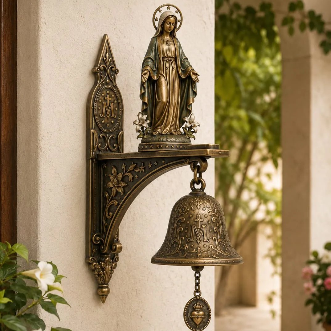 Cloche de prière murale en bronze vintage, parfaite pour autel domestique et décoration spirituelle.