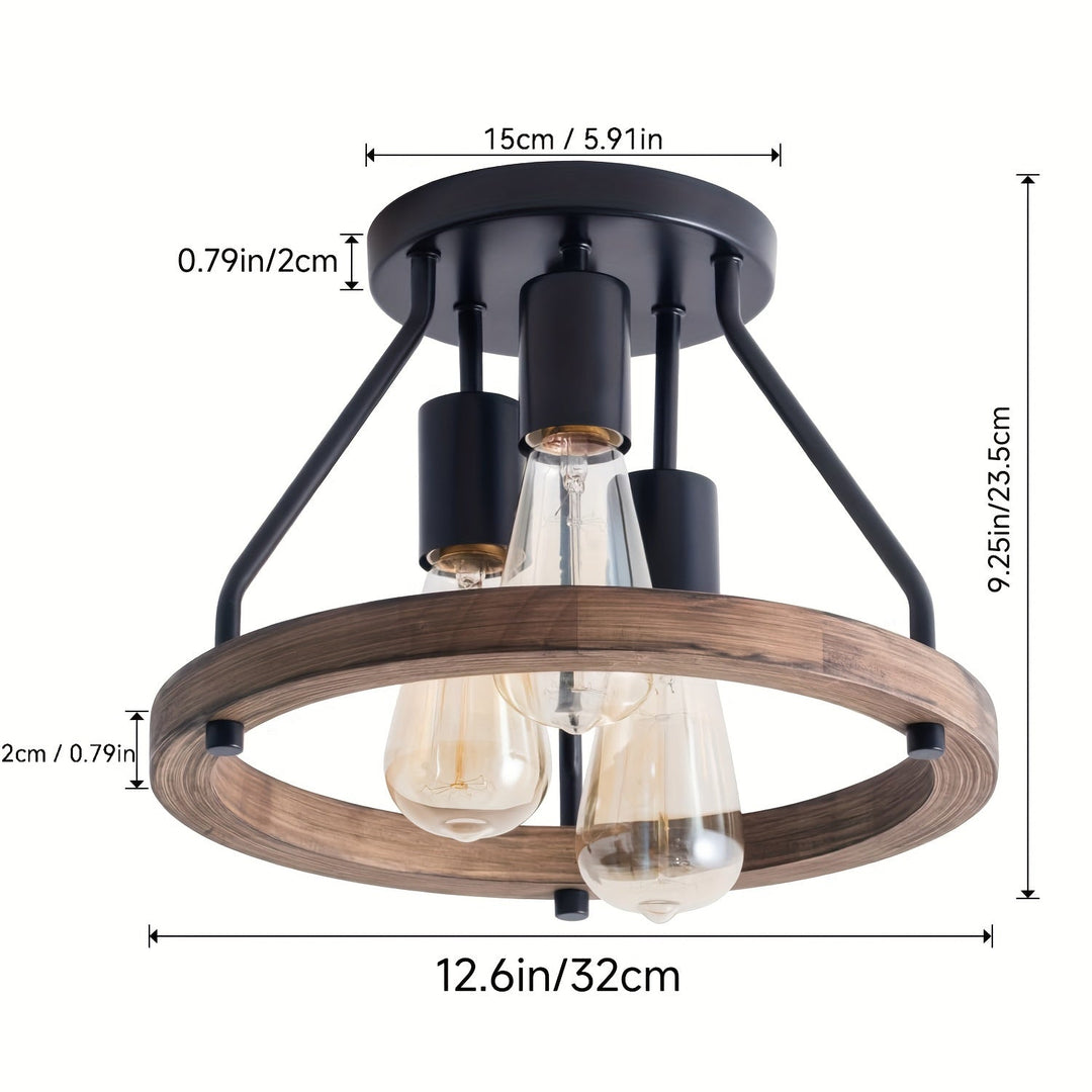 Lampe de plafond décorative 3 bras, bois et métal. Éclairage intérieur de caractère pour salon ou chambre à coucher.