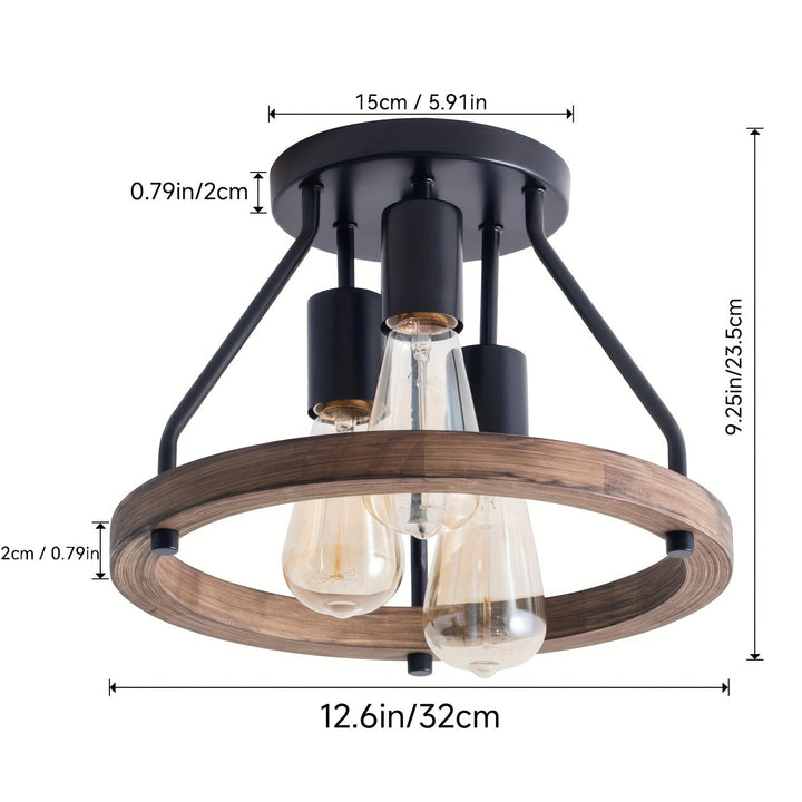 Lampe de plafond décorative 3 bras, bois et métal. Éclairage intérieur de caractère pour salon ou chambre à coucher.
