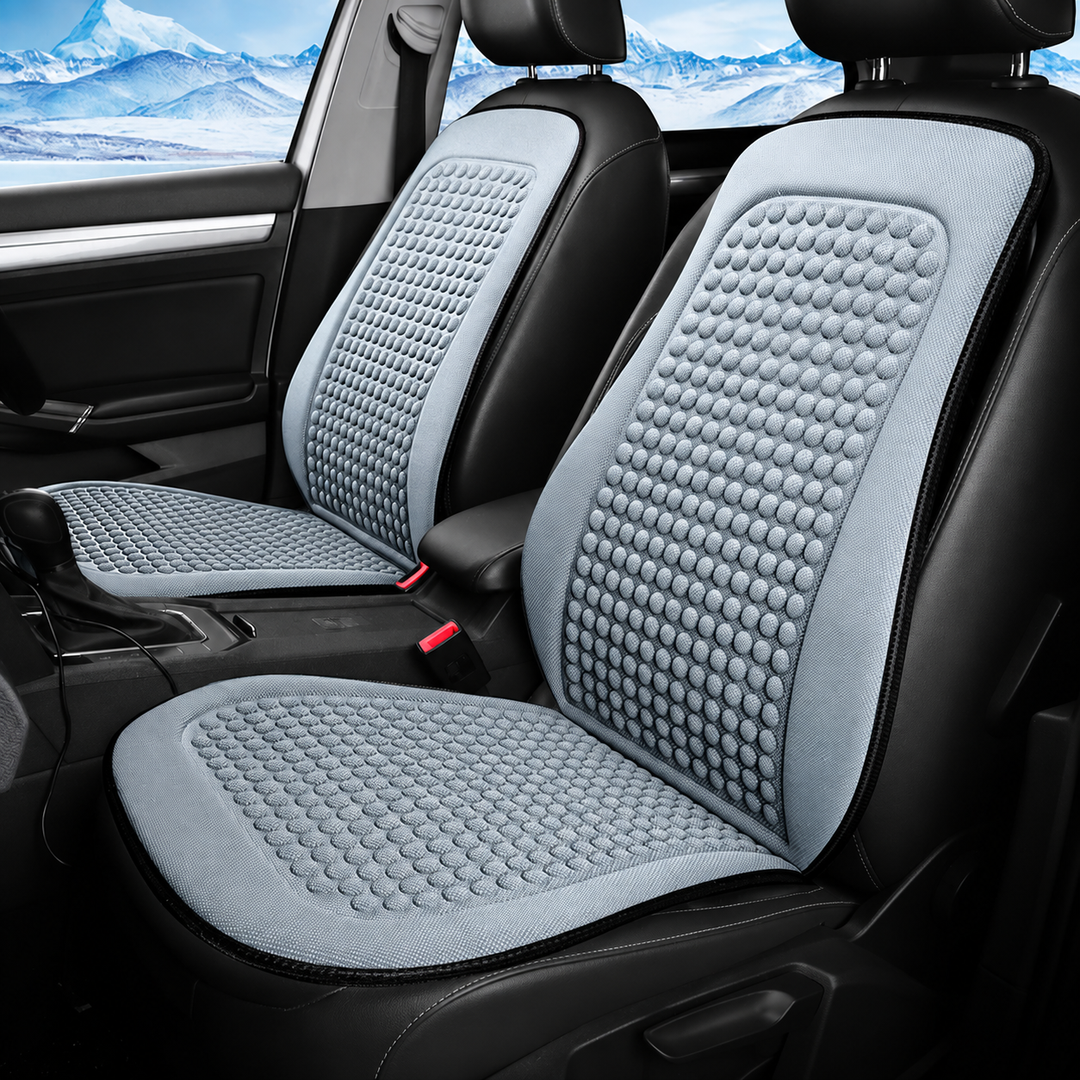 Coussin de siège auto rafraîchissant bleu foncé, maille respirante pour confort voiture en été.