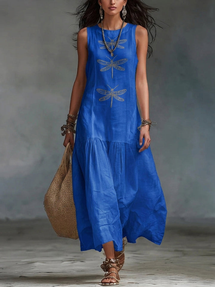 Robe femme décontractée en coton lin, coupe longue et fluide. Broderie libellule discrète. Confort estival.