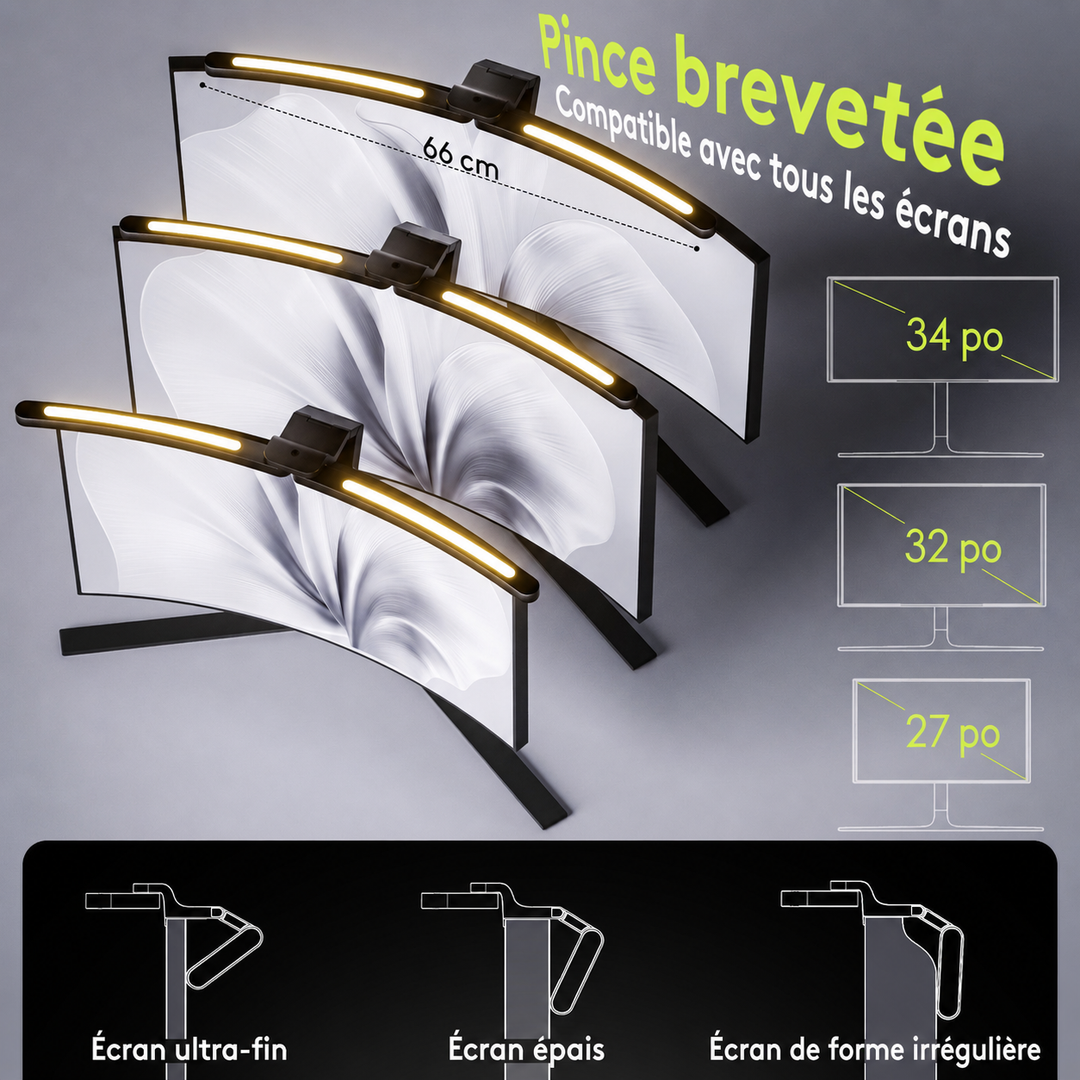 Barre lumineuse de moniteur pliable et pivotante avec télécommande. Éclairage RVB double tête pour bureau moderne.