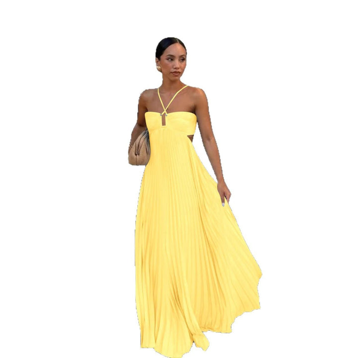 Robe plissée femme, col halter, style fluide, pour une tenue de cocktail ou un grand événement.