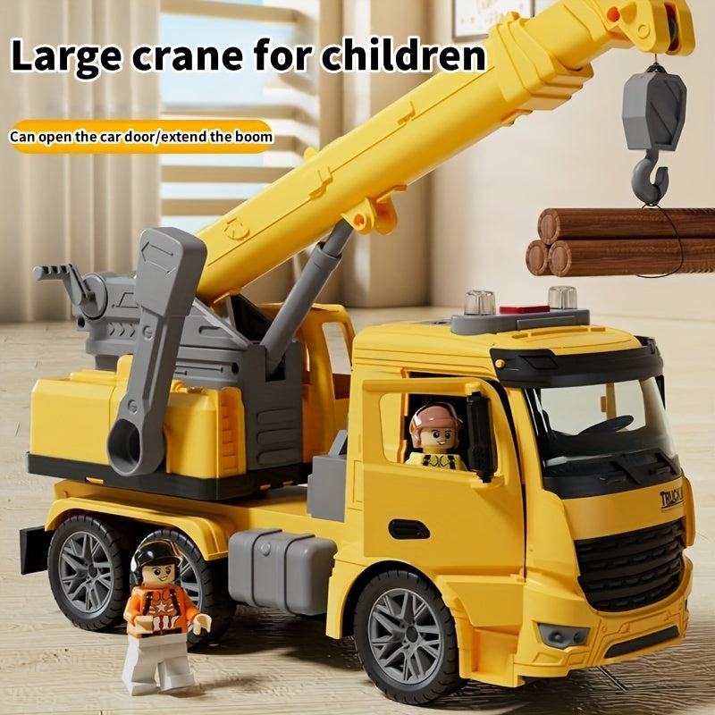 Jouet camion grue robuste en ABS pour enfants, lumières clignotantes et effets sonores réalistes de chantier.