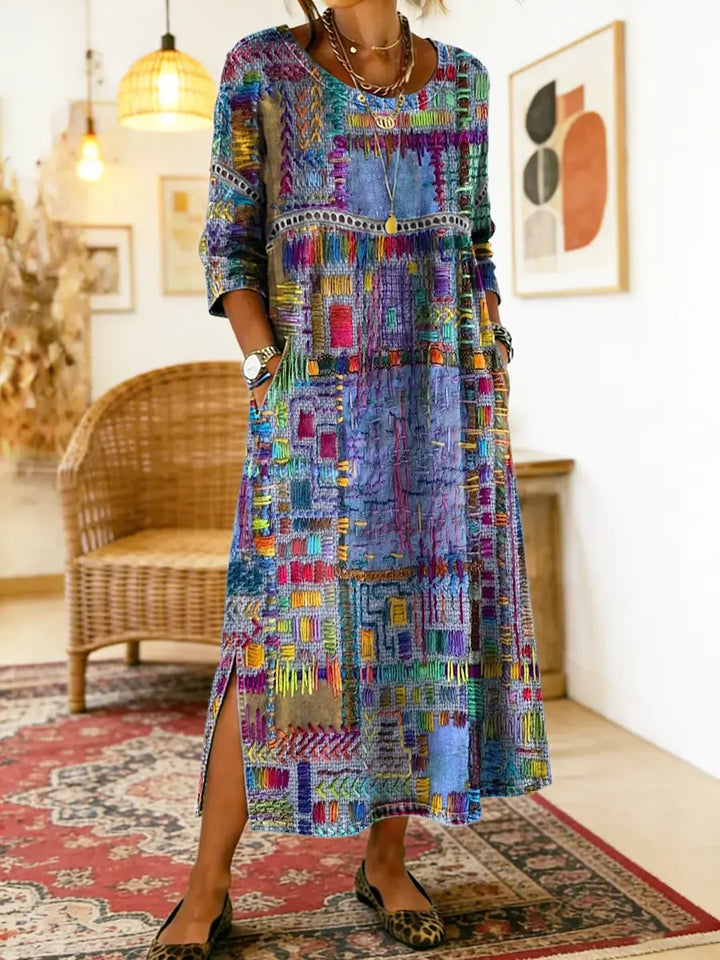 Robe femme denim fluide patchwork bohème. Idéale printemps-été, style décontracté chic.