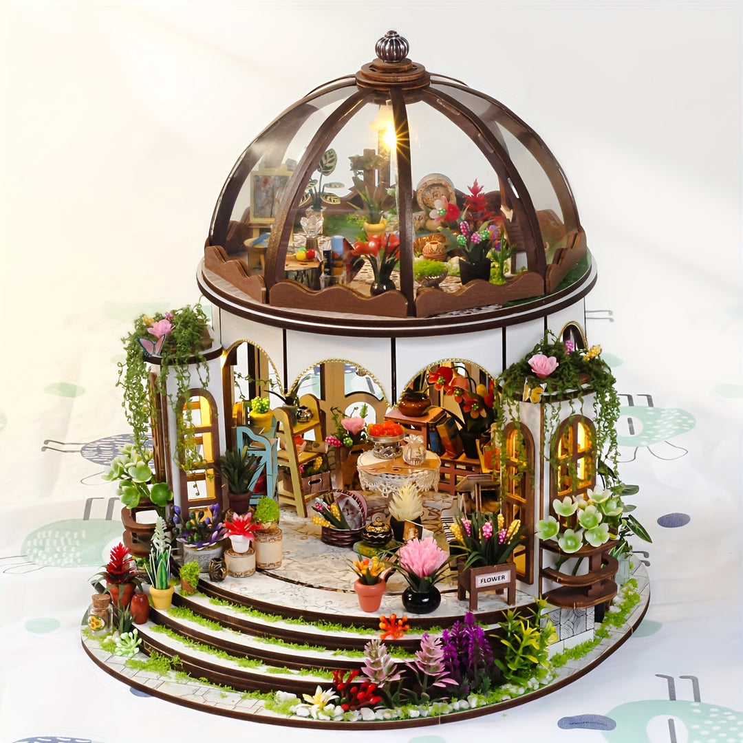 Maison de Fleurs Miniature, puzzle 3D en bois avec LED. Maquette DIY détaillée pour décoration intérieure.