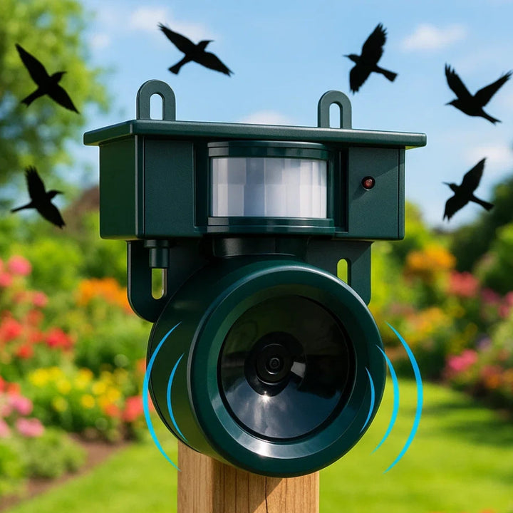 Effaroucheur d'oiseaux solaire autonome avec détecteur de mouvement et alarme sonore pour jardin extérieur.