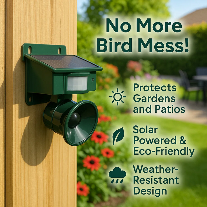 Effaroucheur solaire sans fil pour oiseaux, autonome, avec détection de mouvement et alarme pour jardin.