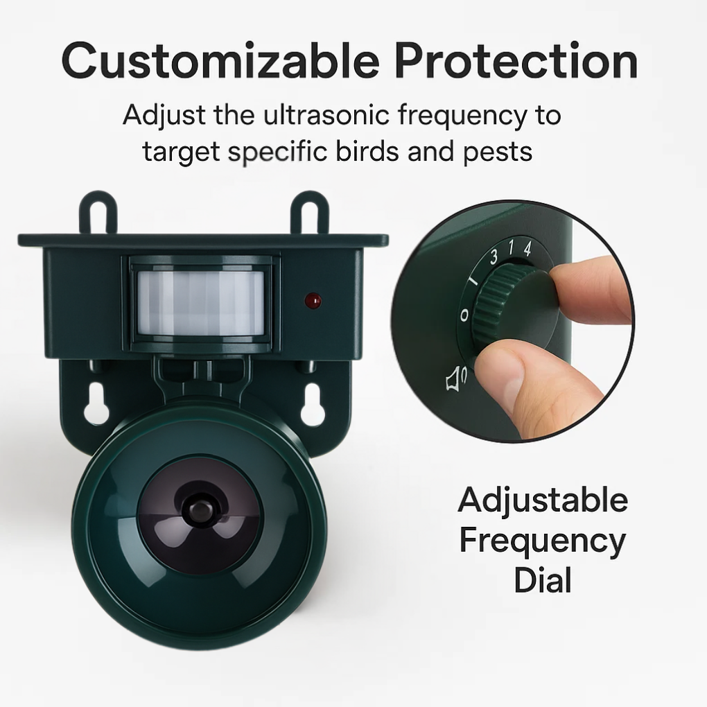 Effaroucheur d'oiseaux solaire autonome, répulsif extérieur avec détecteur de mouvement et alarme pour jardin.