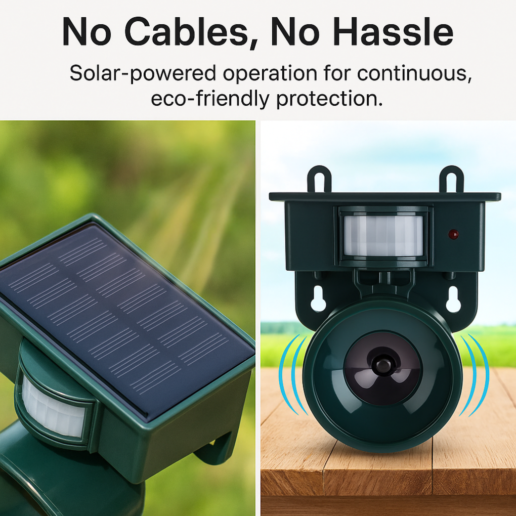Effaroucheur oiseaux pour jardin et extérieur, solaire, avec détecteur de mouvement et alarme anti-nuisibles.
