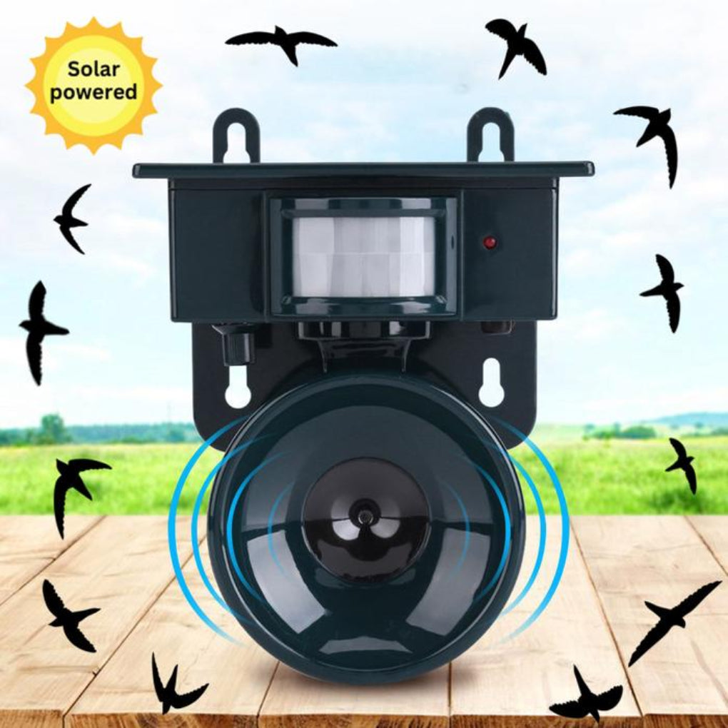 Profitez d'un jardin sans oiseaux nuisibles grâce à cet effaroucheur solaire autonome avec alarme et mouvement.