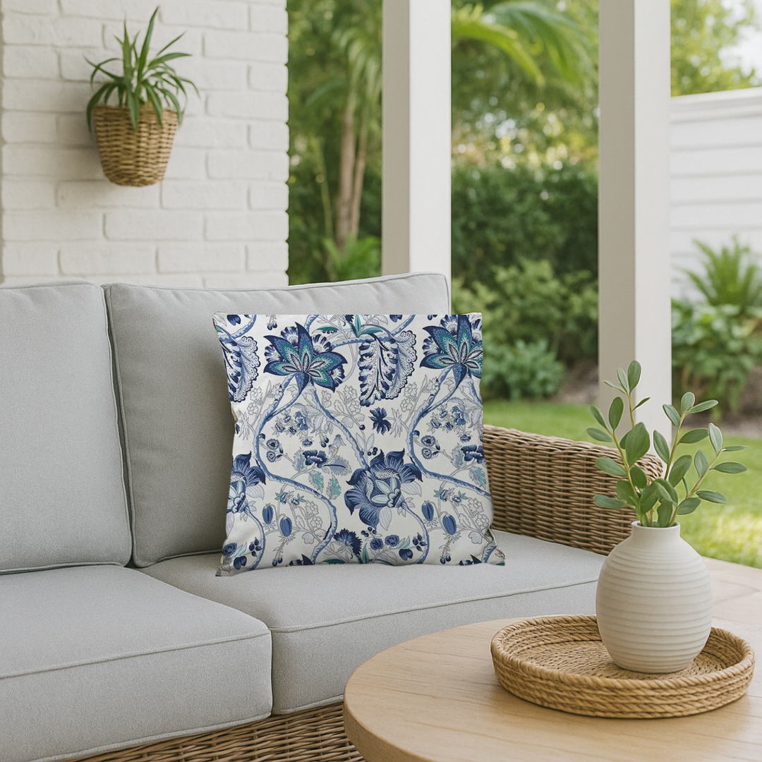 Housse de coussin décorative avec motif floral, parfaite pour un salon lumineux et une ambiance épurée.
