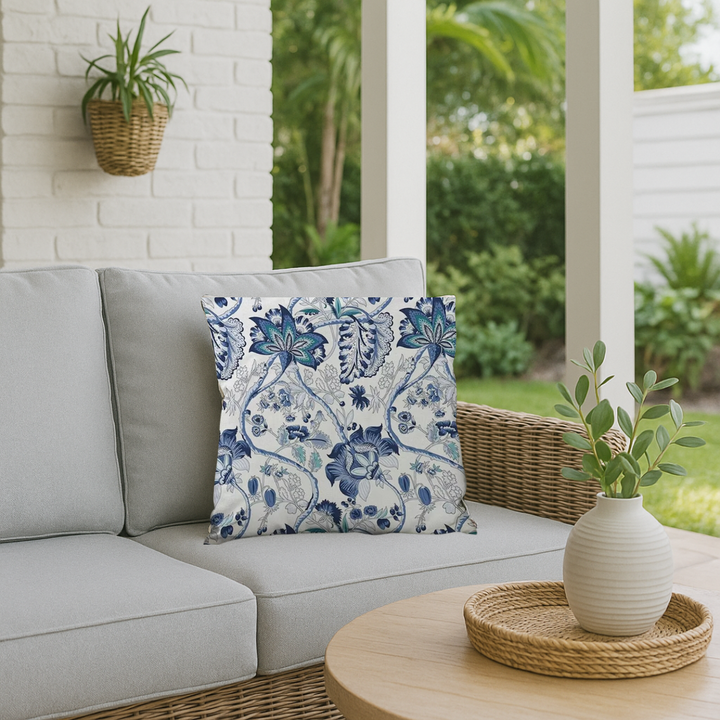 Housse de coussin décorative avec motif floral, parfaite pour un salon lumineux et une ambiance épurée.