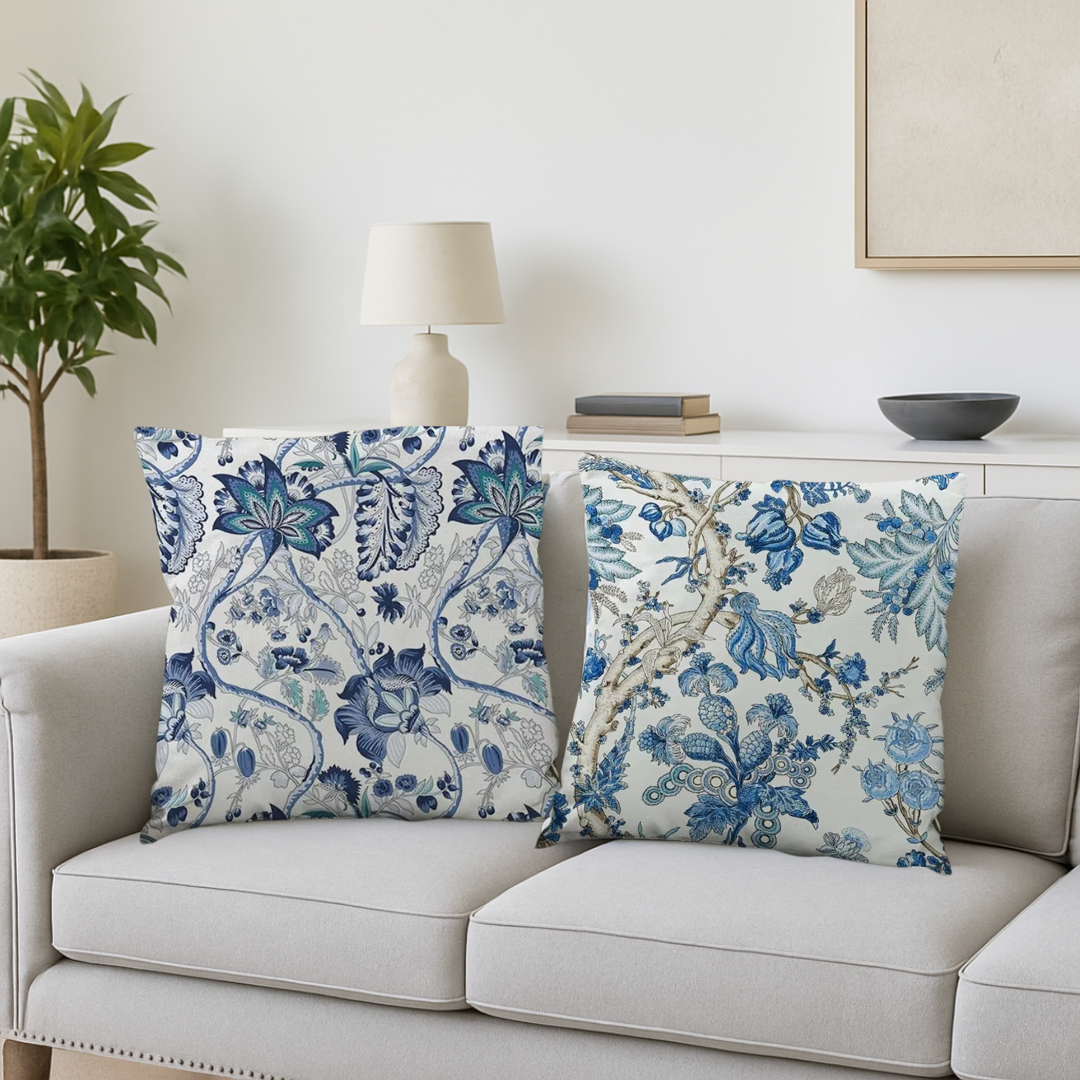 Détail de la texture douce et du motif floral d'une housse de coussin, promesse de confort pour la maison.