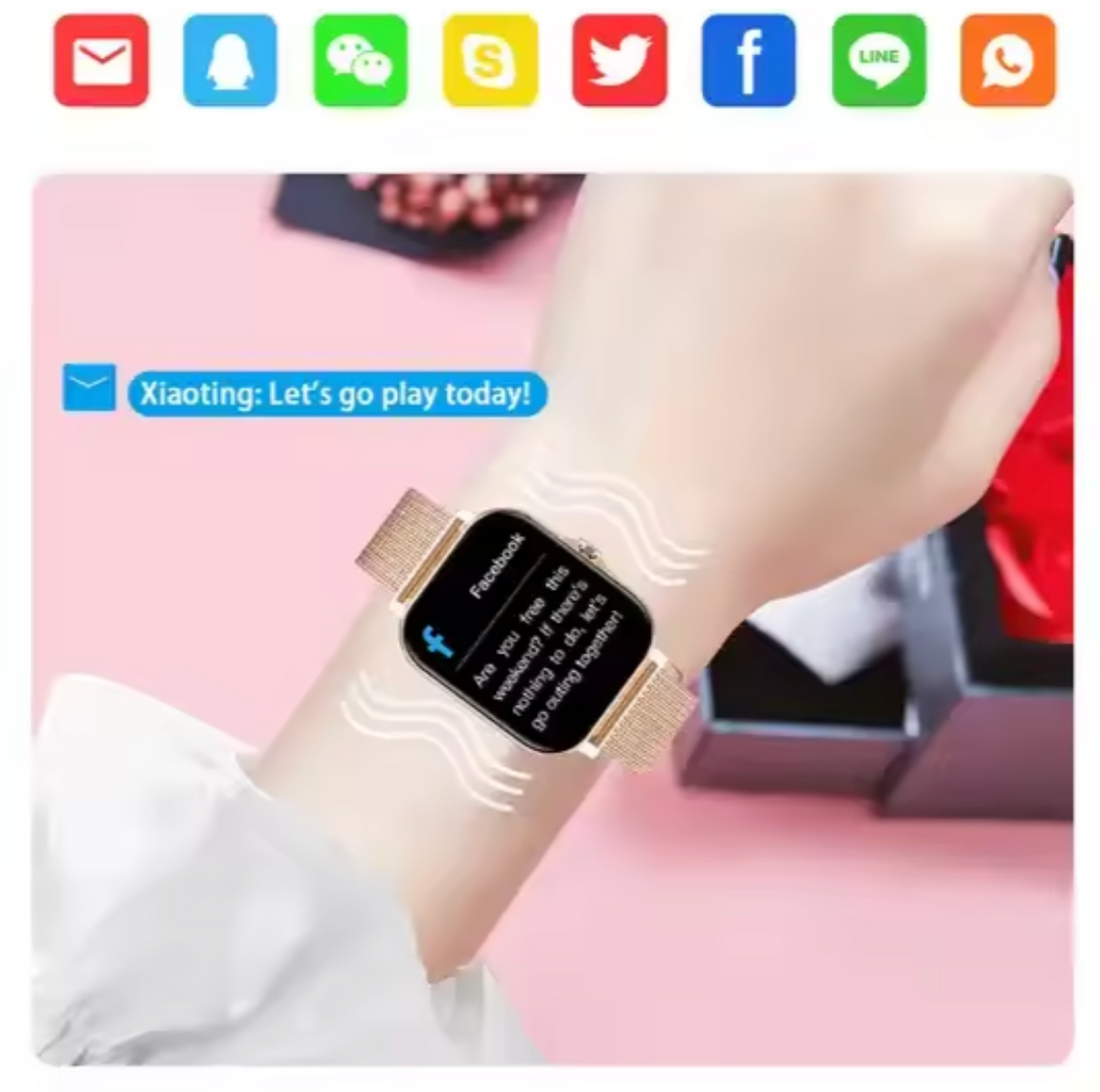 Montre intelligente élégante pour femme, écran couleur et bracelet rose gold, suivi d'activité.