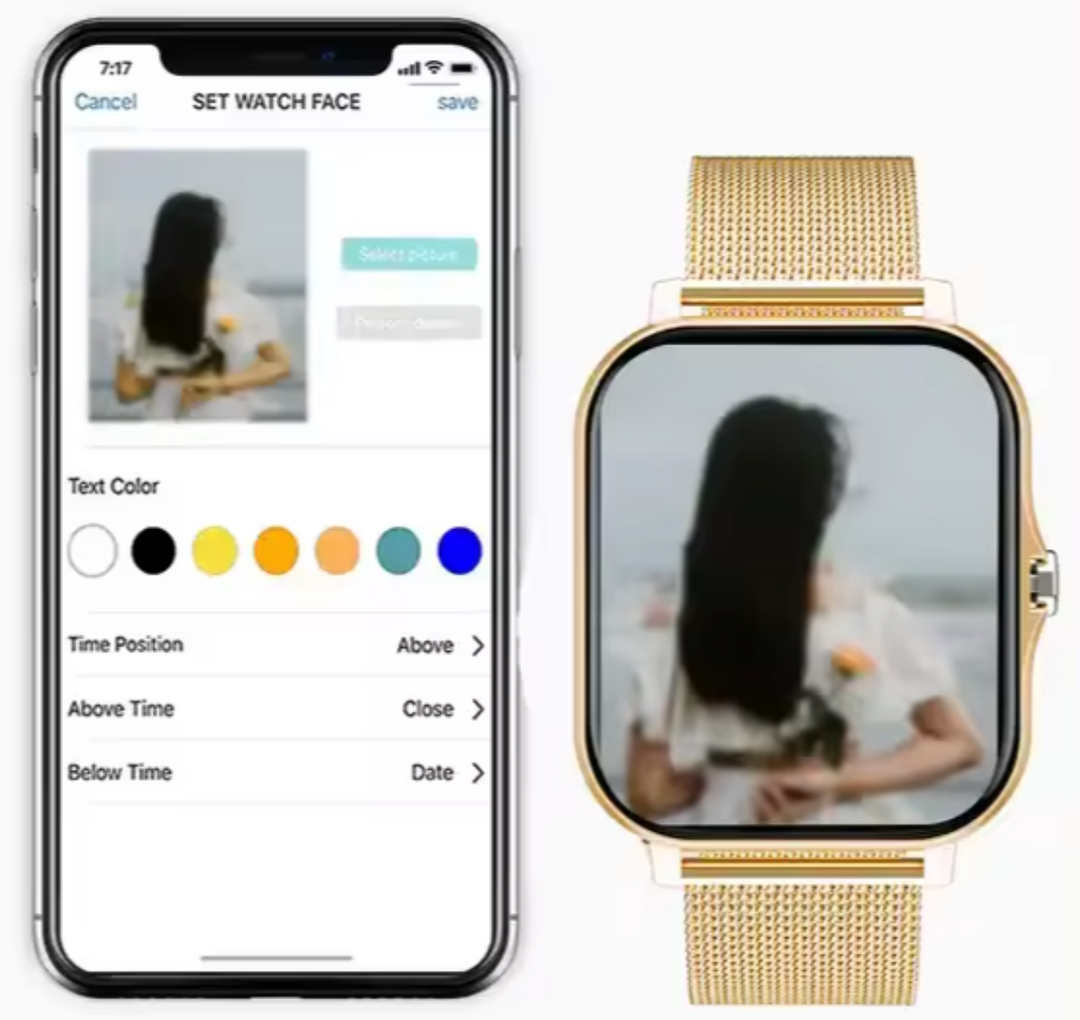 Montre connectée fitness femme, suivi cardiaque, oxygène sanguin et activité physique quotidienne.