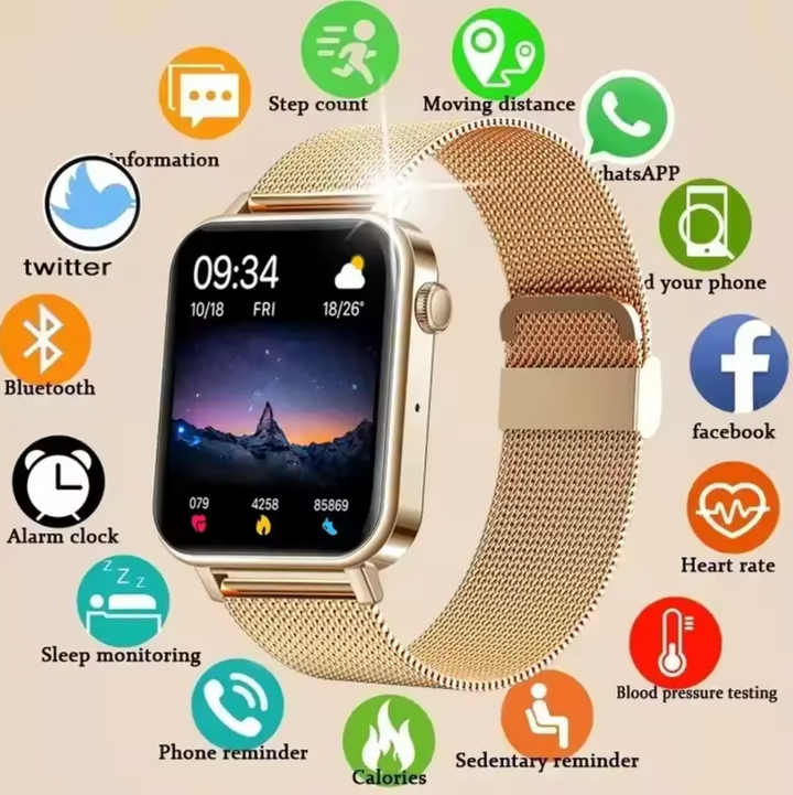 Écran tactile couleur d'une montre connectée femme affichant les pas et calories brûlées.