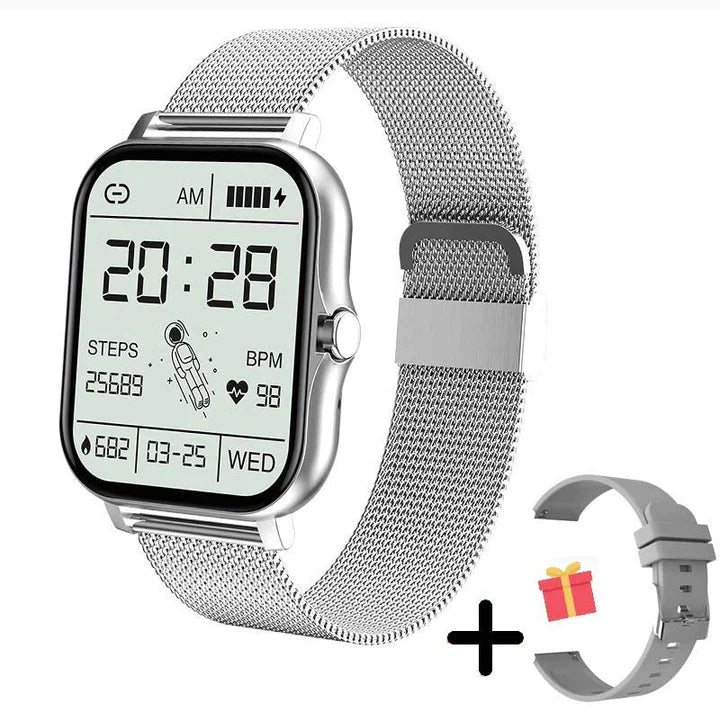 Montre élégante connectée pour femme, finition premium, bracelet en acier inoxydable poli.