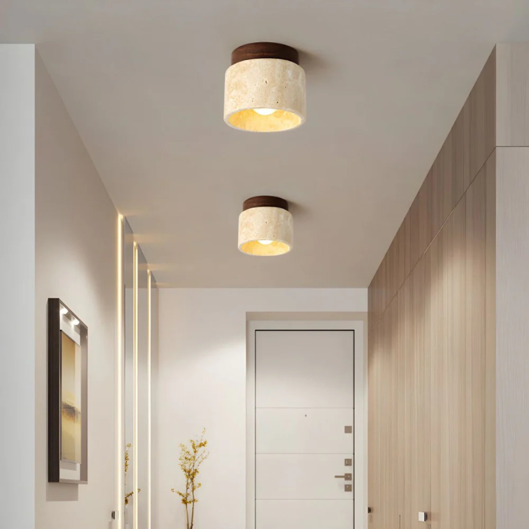 Luminaire plafond japonais Radia, style épuré, finition bois noyer, idéal pour chambre ou déco zen.